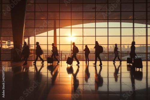 Silhouettes of unrecognizable traveling people at the airport
