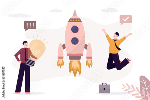Co-founders rejoice at successful launch of startup. Businessman holding idea light bulb, rocket takes off. Investors celebrate start of new project.