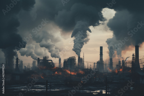 Smoke coming out of factories in an industrial area, aesthetic look