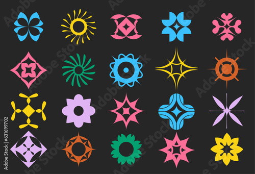 Geometric round figures, in form of flowers and petals, stars and sun. Minimalistic aesthetic retro decorative elements in multicolored tones.