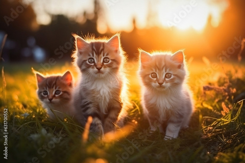 Adorable kittens basking in sunset rays on thegreen lawn © Ms VectorPlus