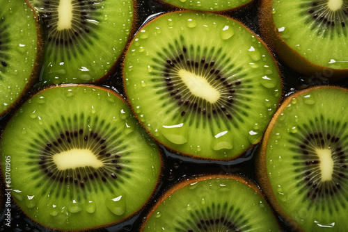 kiwis verdes cortados a la mitad con gotas de agua sobre fondo negro, fruta verde vegetariana. photo