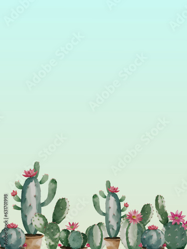 a group of cute cactus plants in pots on a blue background