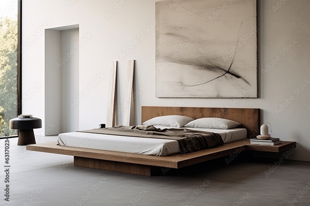 Minimalist bedroom with a platform bed, clean lines, and neutral tones, creating a serene and clutter-free retreat - Generative AI Minimalist bedroom with a platform bed, clean lines, and neutral tones, creating a serene and clutter-free retreat - Generative AI