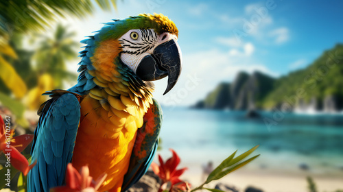 Close-up of Colorful Blue-and-Yellow Macaw by the Beach