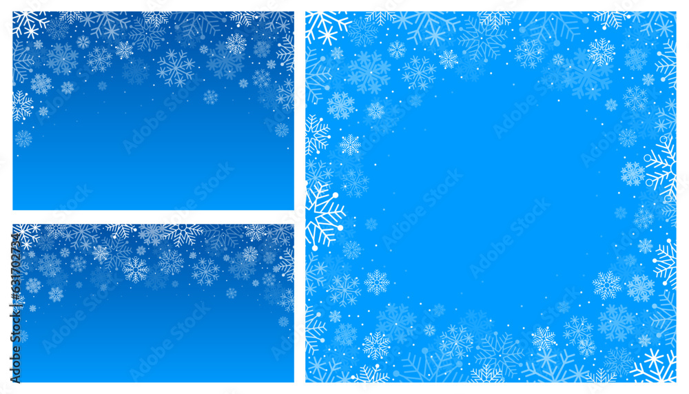 Winter backgrounds set with frame and decor of many different snowflakes on the blue background. Cute Christmas and New Year banner template, print design of greeting card. Vector illustration