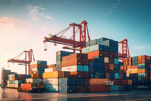 Stack of containers in a harbor, Shipping containers stacked on cargo ship, Background of Stack of Containers at a Port, aesthetic look