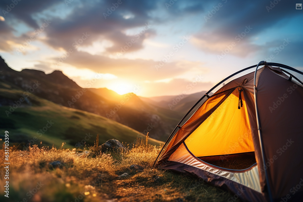 A tent on a hilltop in the background an extraordinary view A tent on a hilltop in the background an extraordinary view