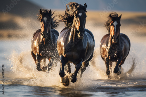 Some beautiful wild horses running through the water of a river