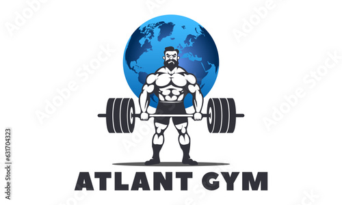 Vector graphic logo. Powerful strong bearded bodybuilder holds a heavy barbell. Planet earth and the inscription Atlant gym. White isolated background.