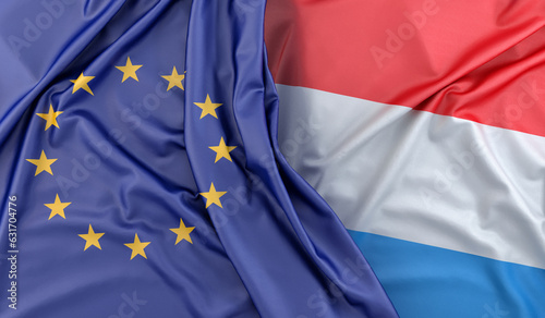 Ruffled Flags of European Union and Luxembourg. 3D Rendering