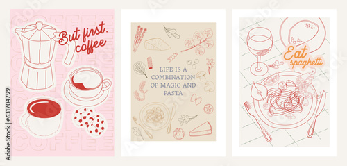 Collection of Retro Kitchen wall art. Food Poster template. Interior posters set. Inspiration posters. Editable vector illustration.