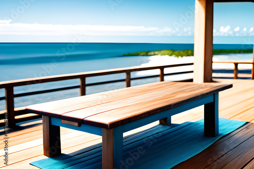 Wooden table top of sea island and blue sky. High quality photo. Generative AI