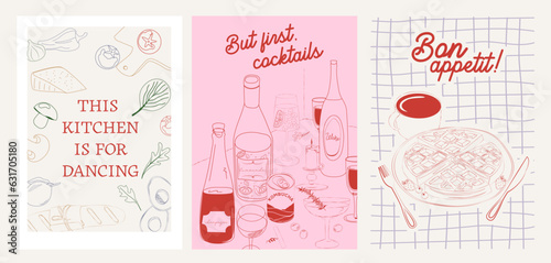Collection of Retro Kitchen wall art. Food Poster template. Interior posters set. Inspiration posters. Editable vector illustration.