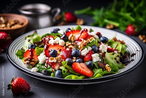 Strawberry salad with arugula  lettuce  blueberries  feta cheese and walnuts  white table  Fresh useful dish for healthy eating  aesthetic look