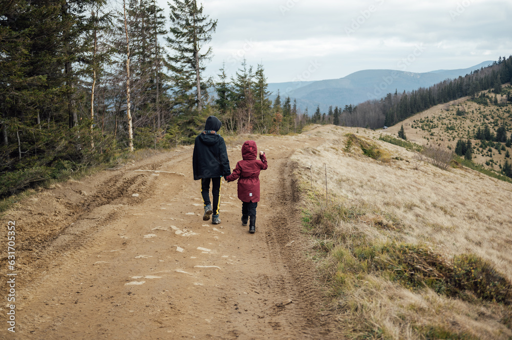 Obraz premium Two children - son and daughter walk around the mountain ridge by the hands