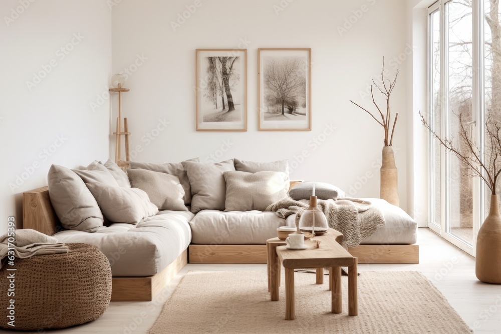 Scandinavian-inspired interior with white walls, light wood accents, and cozy textiles, emanating a sense of simplicity and warmth - Generative AI Scandinavian-inspired interior with white walls, light wood accents, and cozy textiles, emanating a sense of simplicity and warmth - Generative AI
