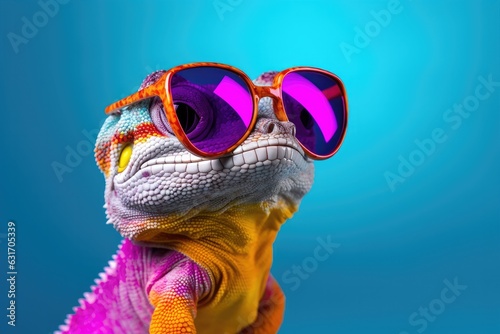 Gecko with sunglasses shot against colourful background