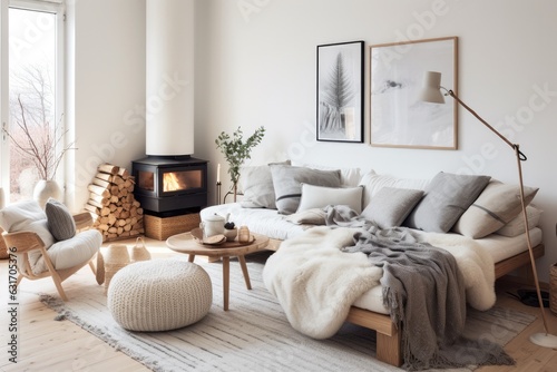 Scandinavian-inspired interior with white walls, light wood accents, and cozy textiles, emanating a sense of simplicity and warmth - Generative AI