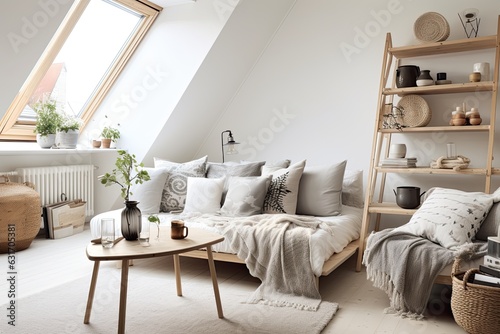 Scandinavian-inspired interior with white walls, light wood accents, and cozy textiles, emanating a sense of simplicity and warmth - Generative AI