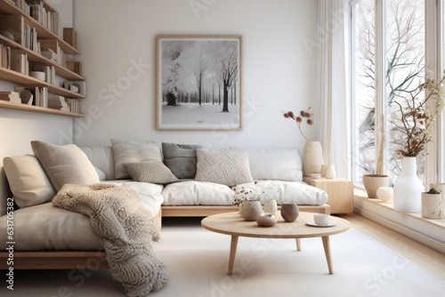 Scandinavian-inspired interior with white walls  light wood accents  and cozy textiles  emanating a sense of simplicity and warmth - Generative AI