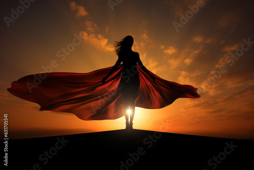 Strong Beautiful Caped Super Hero Woman Silhouette Isolated Against Sunset Sky Background