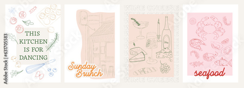 Collection of Retro Kitchen wall art. Food Poster template. Interior posters set. Inspiration posters. Editable vector illustration.