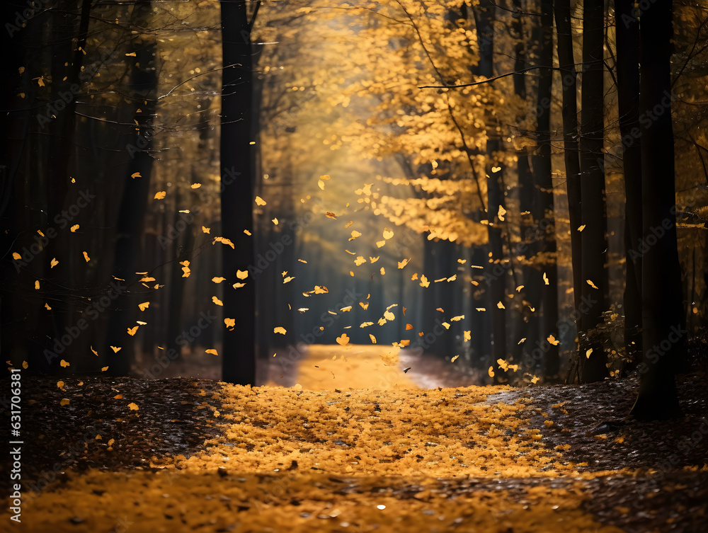 Autumn forest, golden leaves, fall concept, sunlight