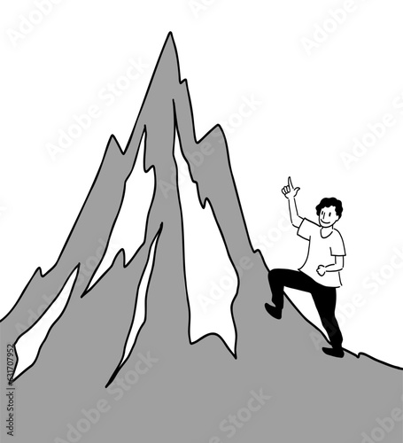 山を登っていく笑顔の男性の線画イラスト