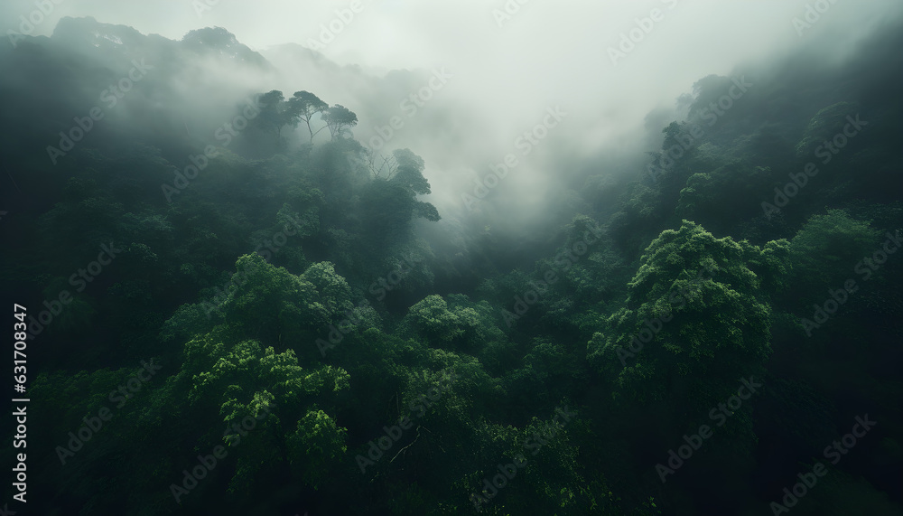 Fototapeta premium Aerial view of a forest with mist, clouds, banner