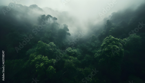 Aerial view of a forest with mist, clouds, banner © JQM