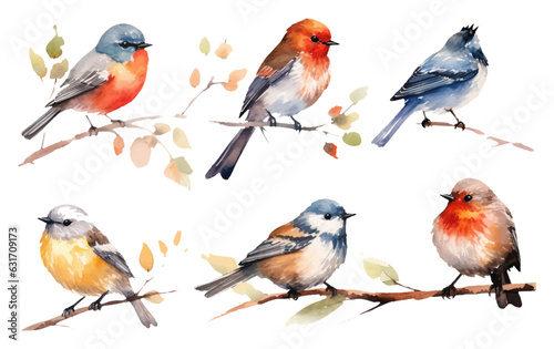 watercolor set vector illustraton of bird on a branch isolated on white background
