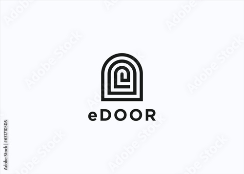 initial e with iron door logo design vector silhouette illustration