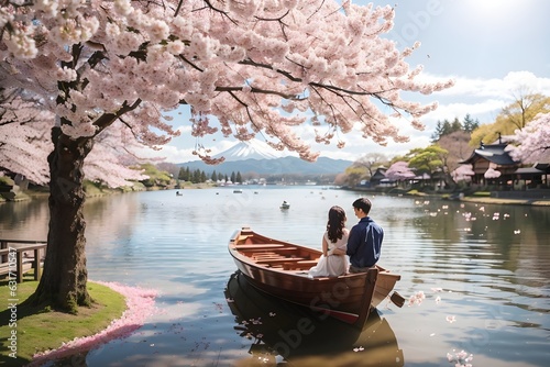  Gorgeous panoramic spring scenery with falling cherry blossoms beside a lake, there is a wooden boat on which two lovers have their backs to the camera photo