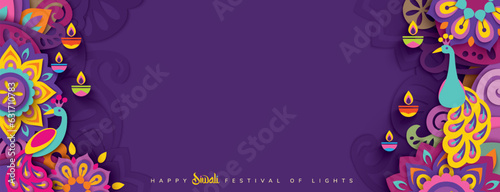Happy Diwali celebration background. banner design decorated with illuminated oil lamps on patterned background. vector illustration design