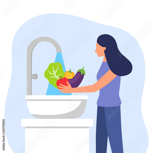 Washing fruit and vegetables before cooking concept vector illustration. Housewife cleaning vegetables with a lot of water.