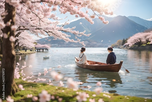  Gorgeous panoramic spring scenery with falling cherry blossoms beside a lake, there is a wooden boat on which two lovers have their backs to the camera photo