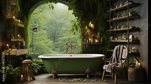 modern comfortable bathroom interior with a tub decorated with green plants and walls