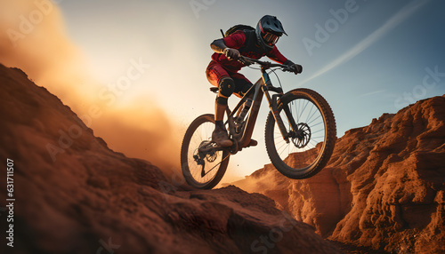Adventure-themed sports, the sensory experience of mountain bikers at sunset, conveying the meaning of adventure, courage and the outdoors