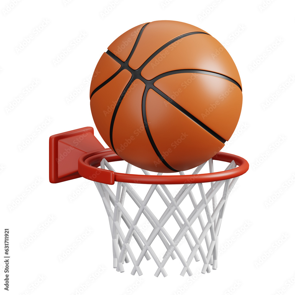 Basketball hoop and ball isolated. Sports, fitness and game symbol icon. 3d Render illustration.