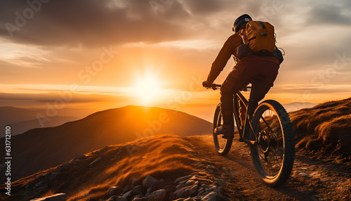 Adventure-themed sports, the sensory experience of mountain bikers at sunset, conveying the meaning of adventure, courage and the outdoors
