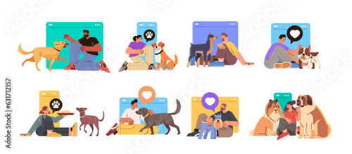 set pet owners with cute dogs spending time together best friends domestic animal friendship concept