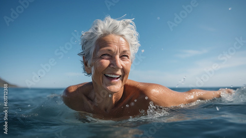 portrait of a elderly woman smiling and swimming in sea, enjoying retirement in a sunny day © Chamli_Pr
