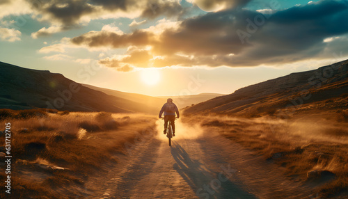 Adventure-themed sports, the sensory experience of mountain bikers at sunset, conveying the meaning of adventure, courage and the outdoors © JQM