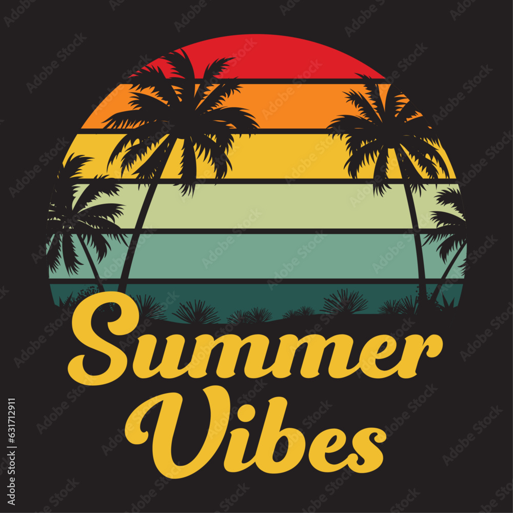 summer vibes, sunset with palm trees, summer beach background vector illustration, Summer vibes poster for t-shirt print,  sunset on the beach, beach landscapes in the evening, surfboard, sunrise
