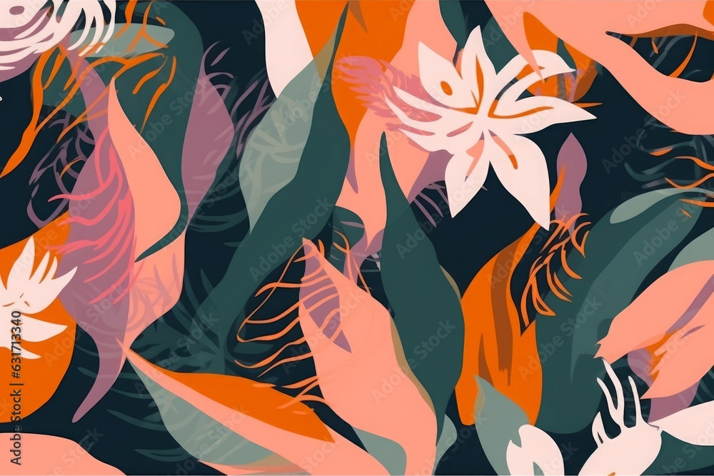 Abstract jungle plants illustration pattern. Creative collage contemporary floral seamless pattern. Fashionable template for design, Generative AI