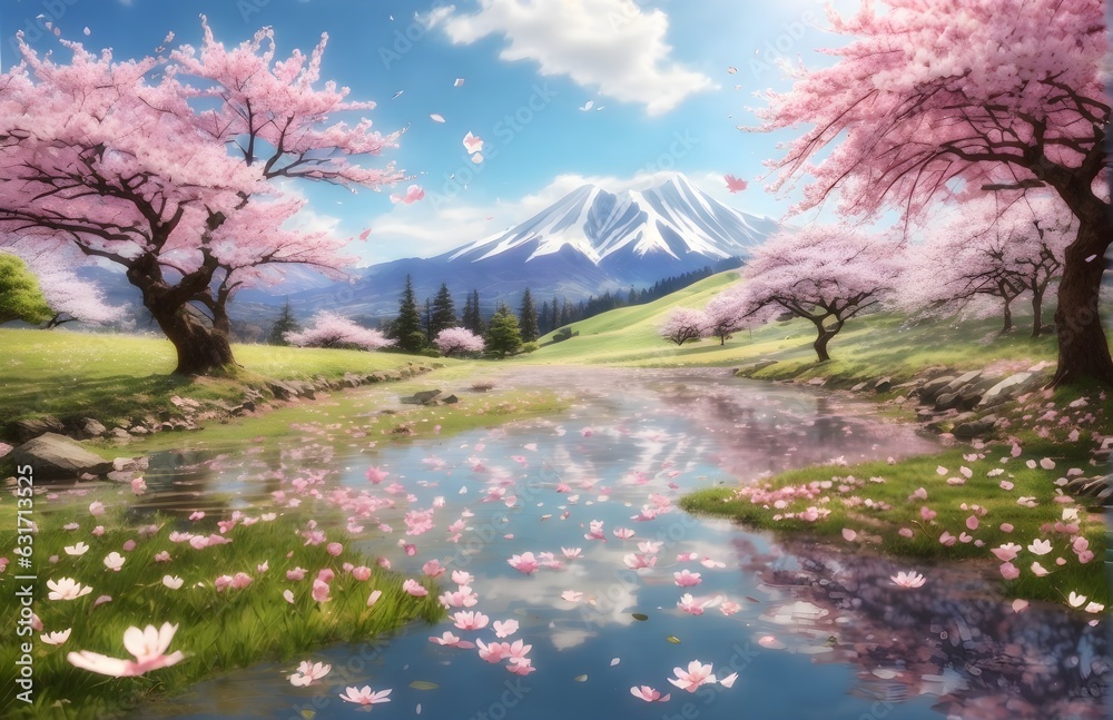 Gorgeous panoramic spring scenery of an amazing lake with falling cherry blossoms, perfect angle Gorgeous panoramic spring scenery of an amazing lake with falling cherry blossoms, perfect angle