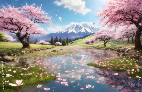 Gorgeous panoramic spring scenery of an amazing lake with falling cherry blossoms, perfect angle