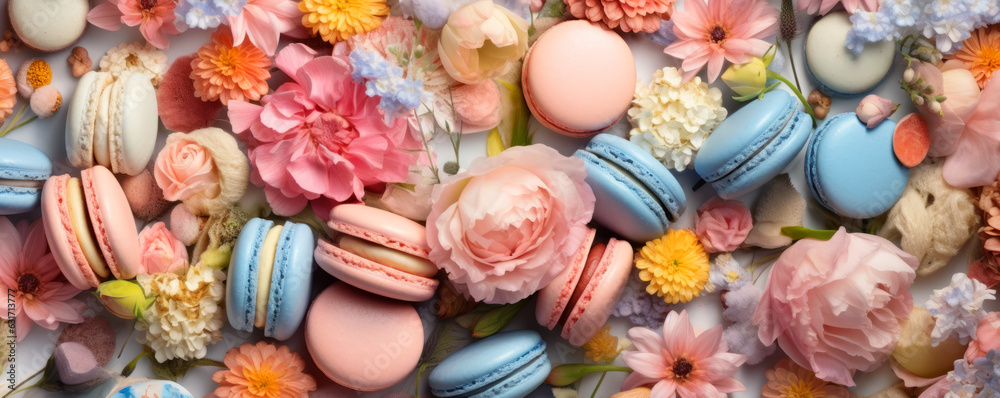 Colorful French Dessert Macaroons and flowers flat lay