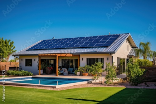 Solar panels on roof of the house renewable energy . Generative AI © spyrakot